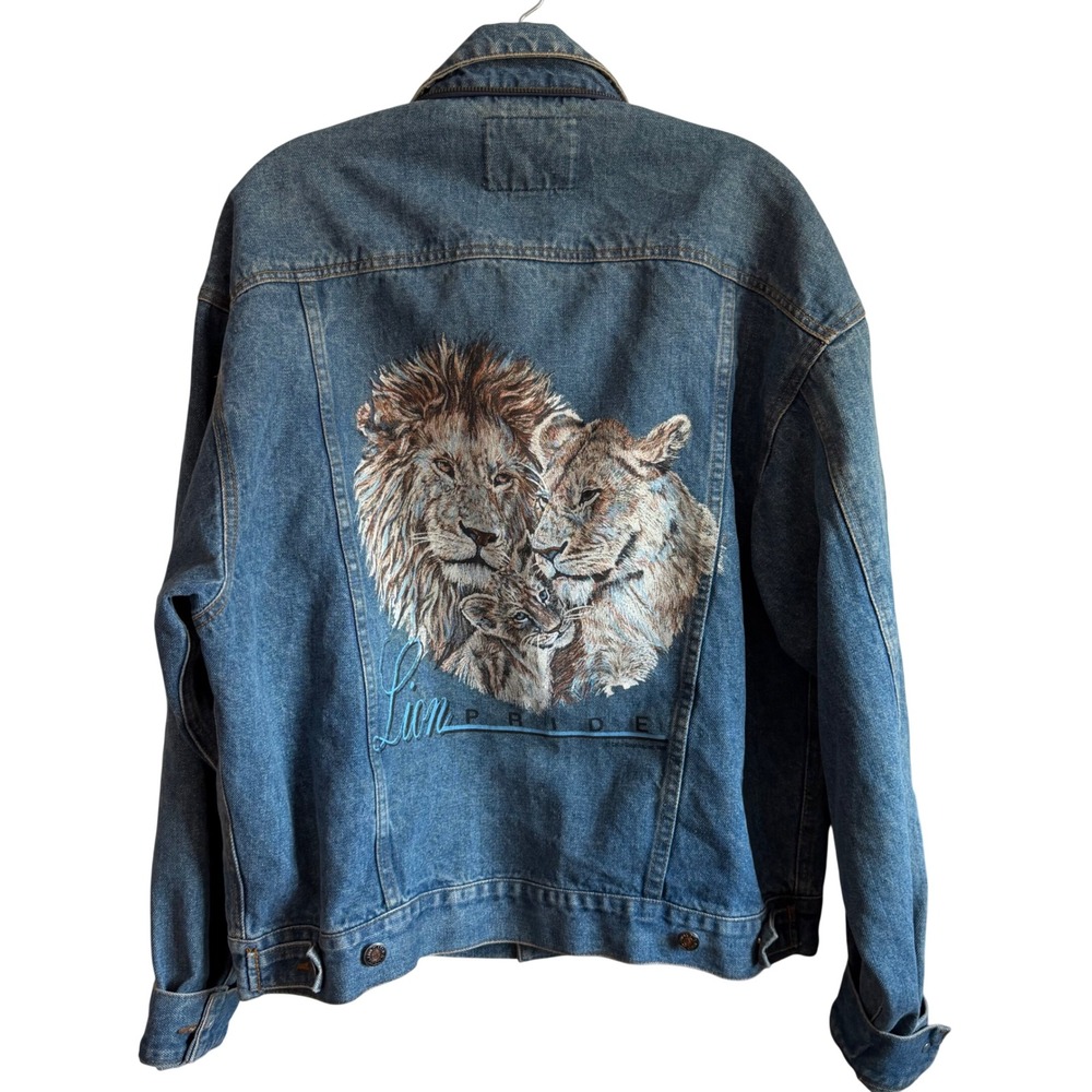 VTG Braxton Lion Pride Denim Jacket Graphic Trucker Medium Wash Blue M
